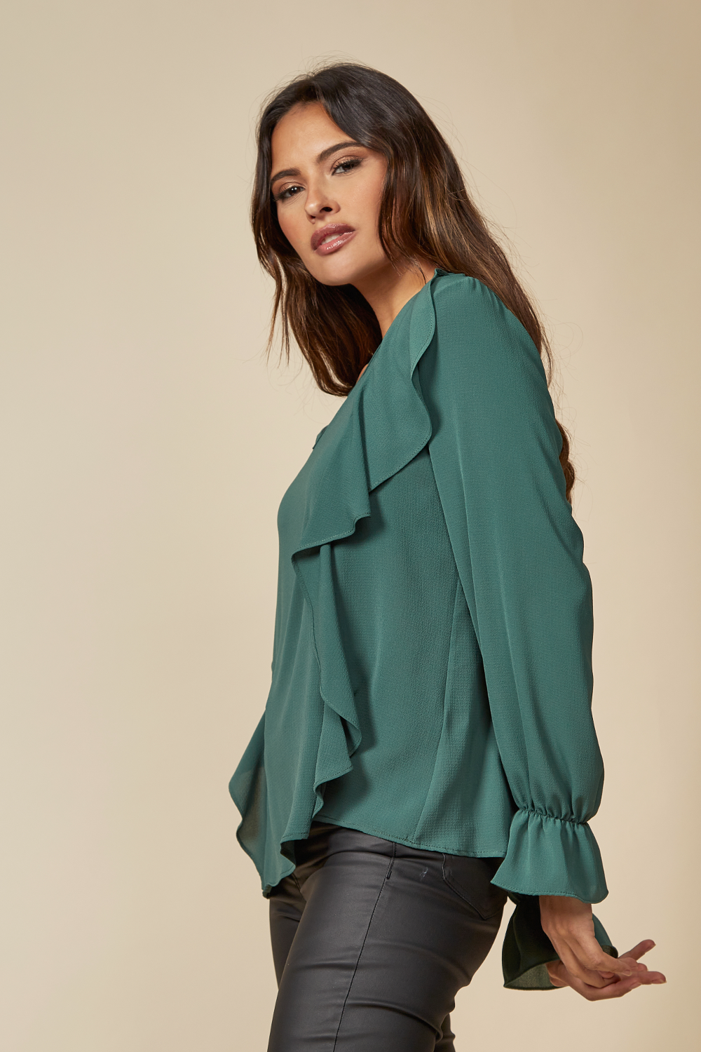 Oversized V Neck Top Ruffle Front Details in Green