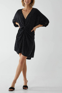Oversized Twist Front Detailed Button Sleeve Mini Dress in Black Glitter