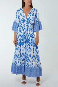 Oversized Flutter Sleeves Shirred Waist Geometrical Print V Neck Maxi Dress in Blue and White