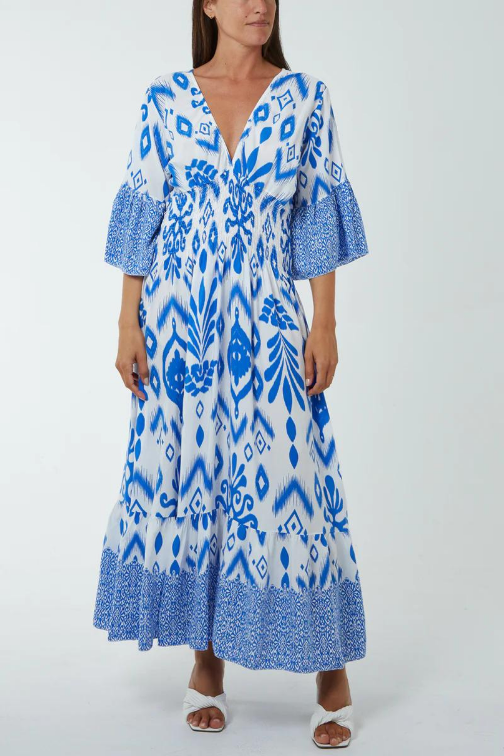 Oversized Flutter Sleeves Shirred Waist Geometrical Print V Neck Maxi Dress in Blue and White