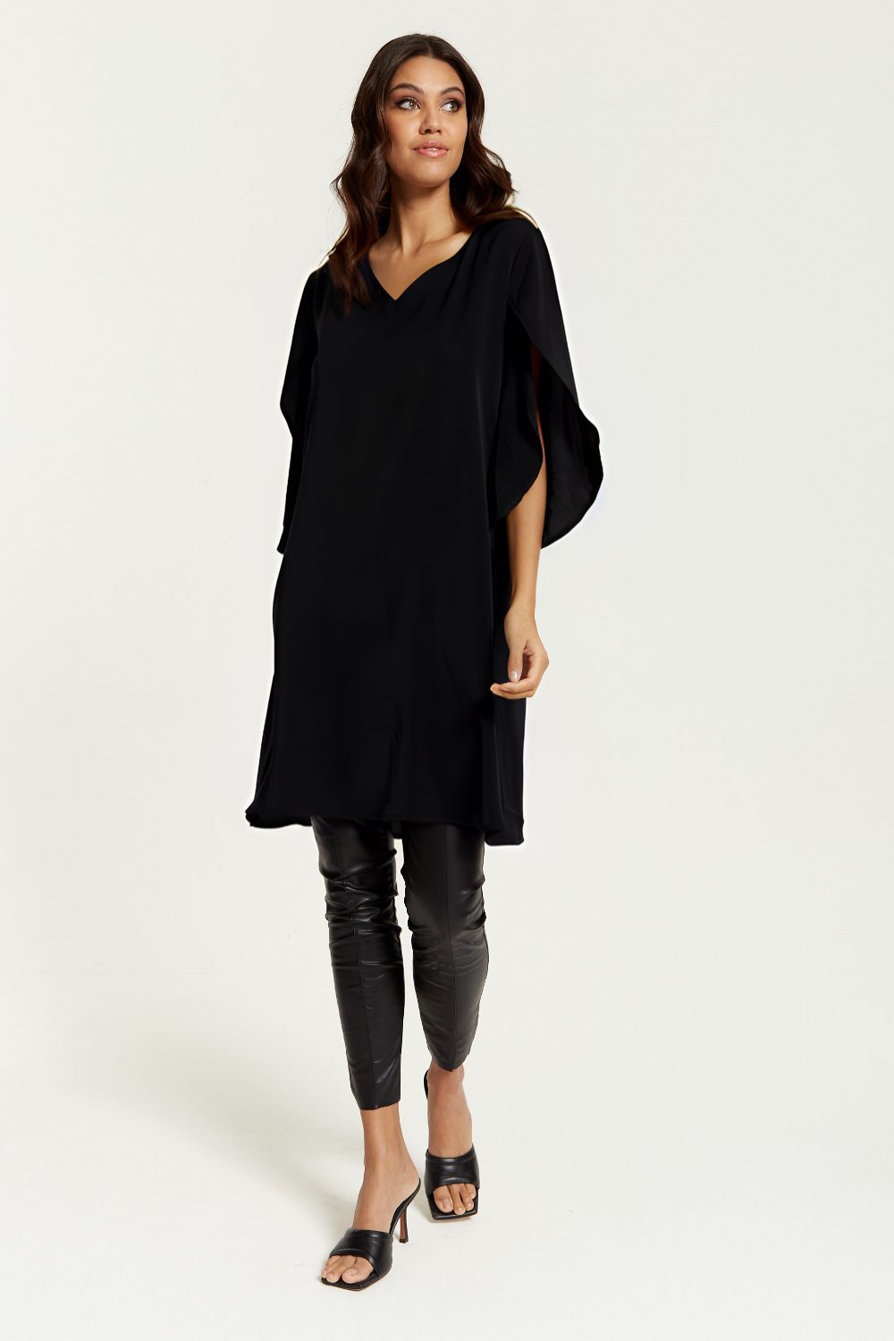 Relaxed Fit V Neck Tunic with Split Sleeves in Black