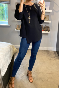 Oversized Ruffle Neck Top with Long Sleeves in Black