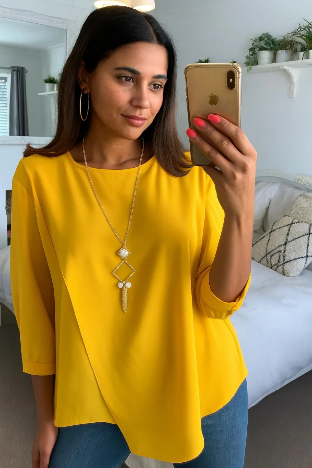 Oversized 3/4 Sleeves Layered Top with Necklace in Mustard - HOXTON GAL