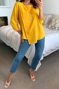 Oversized 3/4 Sleeves Layered Top with Necklace in Mustard - HOXTON GAL