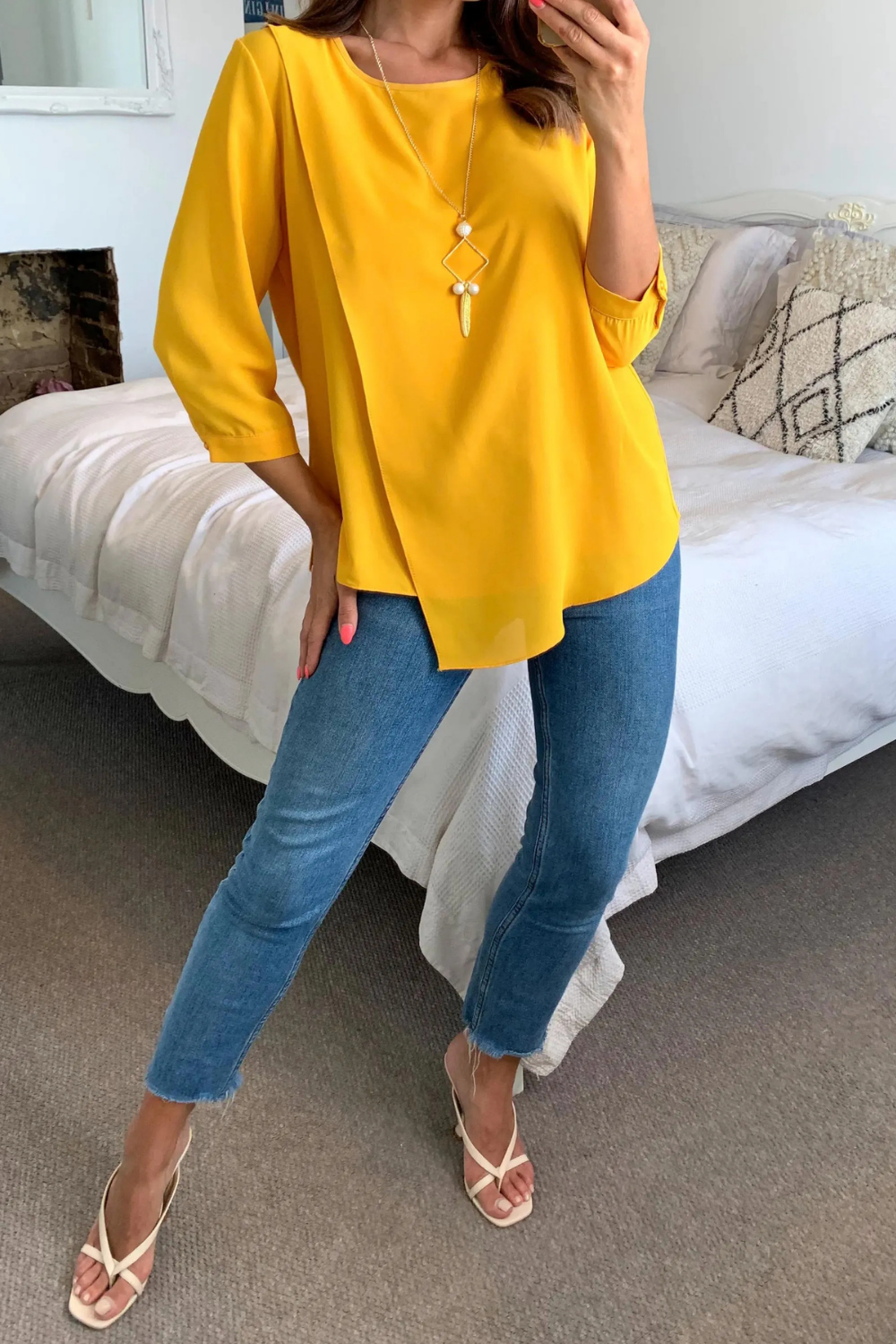 Oversized 3/4 Sleeves Layered Top with Necklace in Mustard - HOXTON GAL