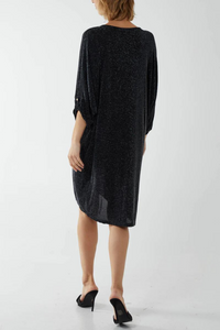 Oversized Twist Front Detailed Button Sleeve Mini Dress in Black Glitter