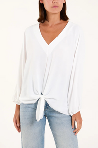 Oversized V Neck Tie Detailed Long Sleeves Blouse in White