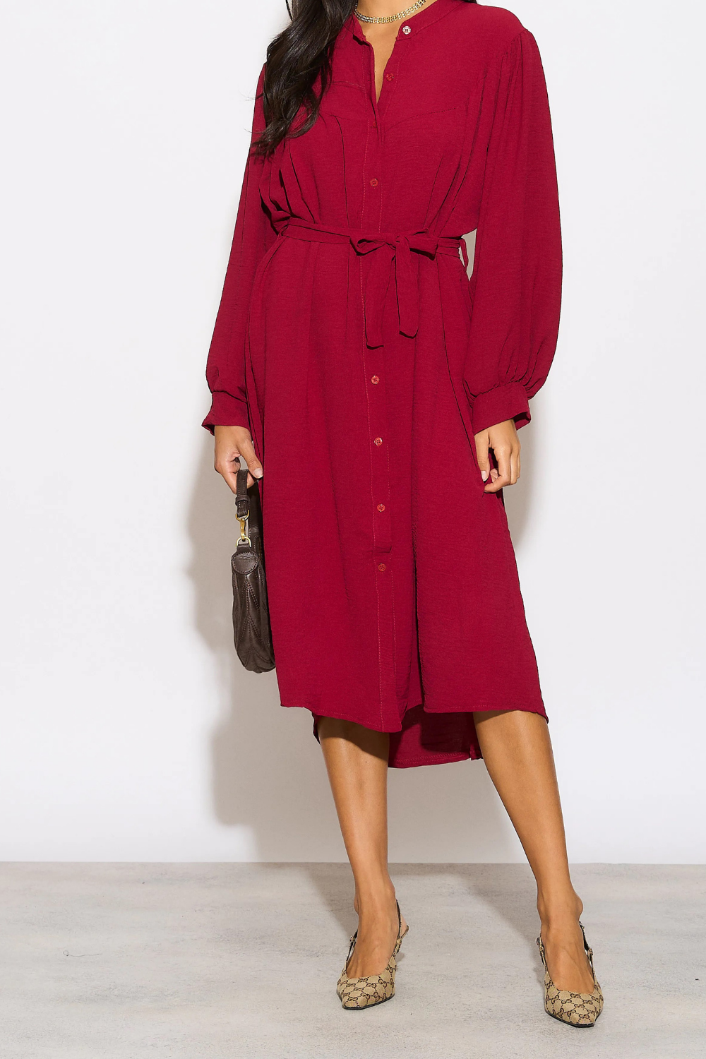 Relaxed Fit Shirt Midi Dress with Belt in Burgundy