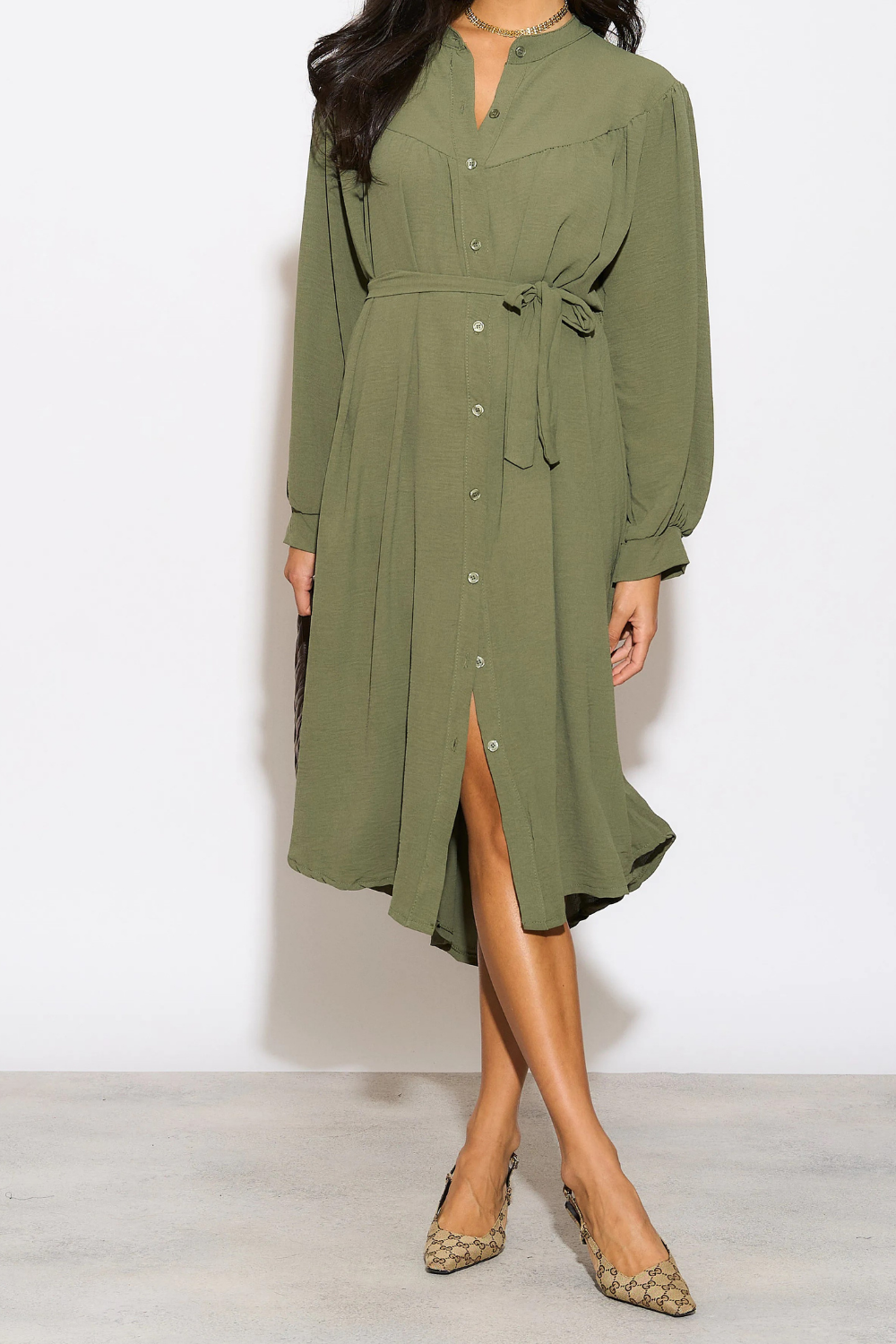 Relaxed Fit Shirt Midi Dress with Belt in Khaki