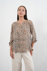 Oversized Leopard Print V-Neck Button Details Blouse with 3/4 Tie Sleeves