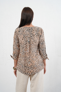 Oversized Leopard Print V-Neck Button Details Blouse with 3/4 Tie Sleeves