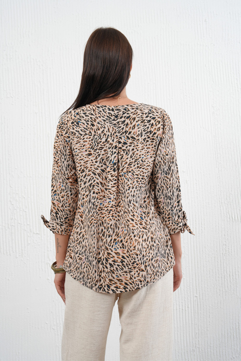 Oversized Leopard Print V-Neck Button Details Blouse with 3/4 Tie Sleeves