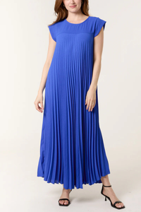 Relaxed Fit Cap Sleeve Pleated Maxi Dress in Royal Blue