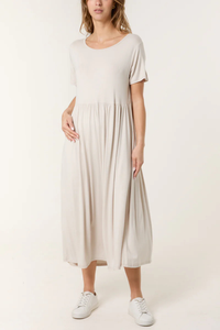 Oversized Round Neck Stretch Tiered Midi Dress in Beige