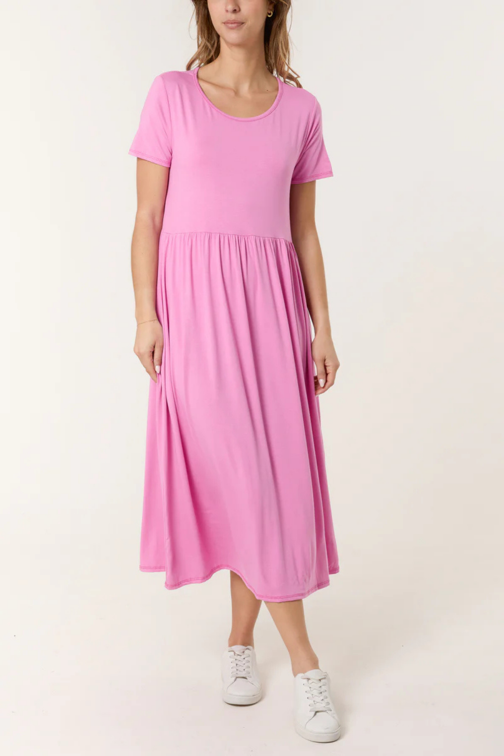Oversized Round Neck Stretch Tiered Midi Dress in Pink
