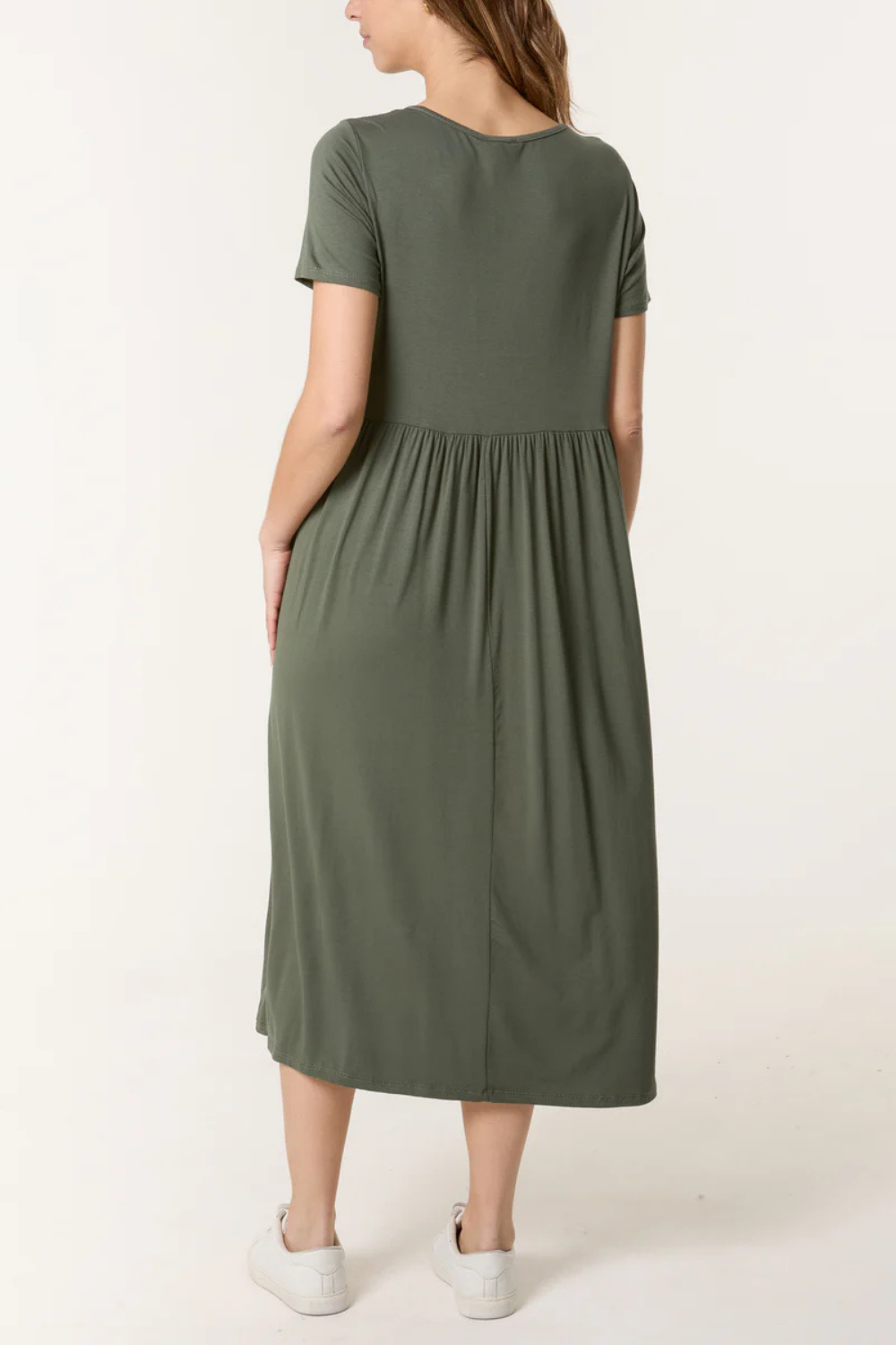Oversized Round Neck Stretch Tiered Midi Dress in Khaki