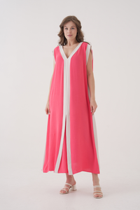 Oversized Sleeveless V-Neck Colorblock Maxi Dress in Pink and White