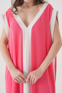 Oversized Sleeveless V-Neck Colorblock Maxi Dress in Pink and White