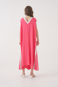 Oversized Sleeveless V-Neck Colorblock Maxi Dress in Pink and White