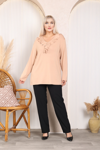 Relaxed Fit Long Sleeve Elegant Blouse with Ruffle Neckline