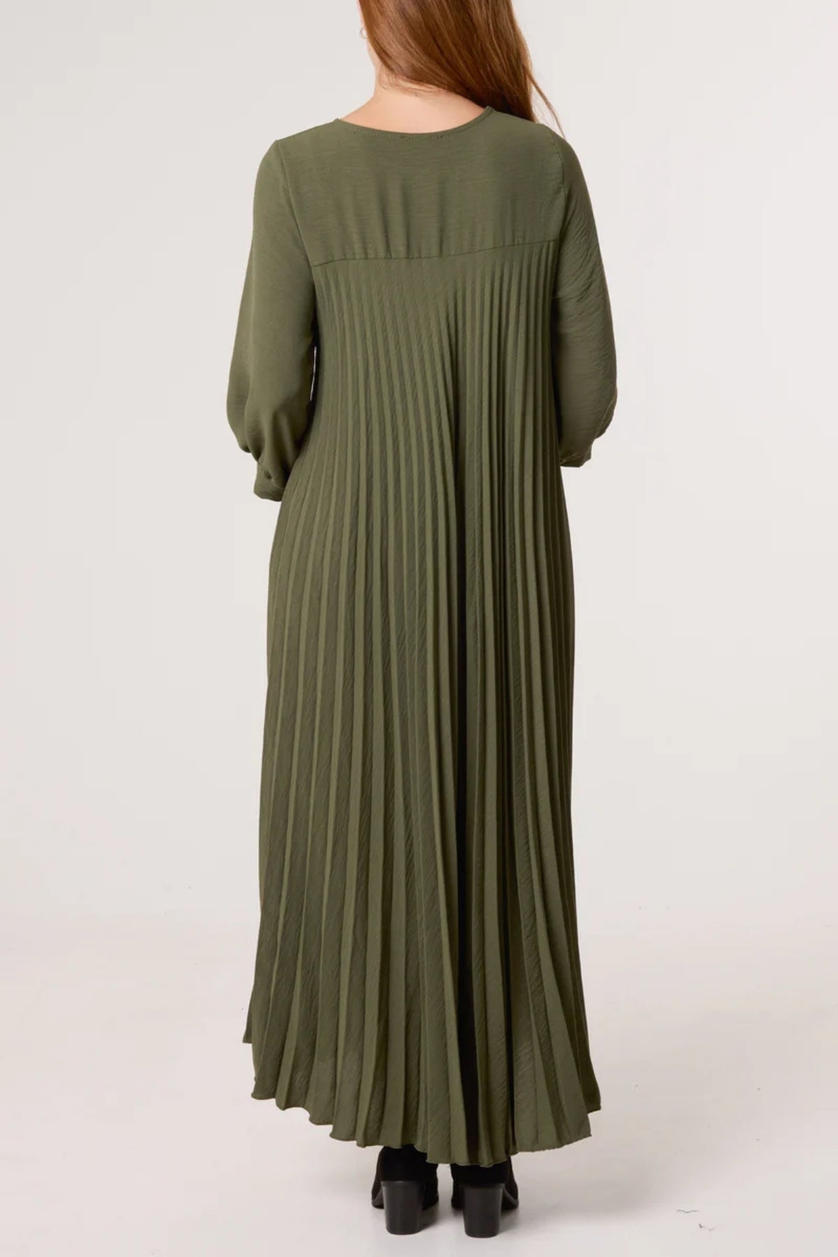 Oversized 3/4 Sleeve Pleated Maxi Dress in Khaki
