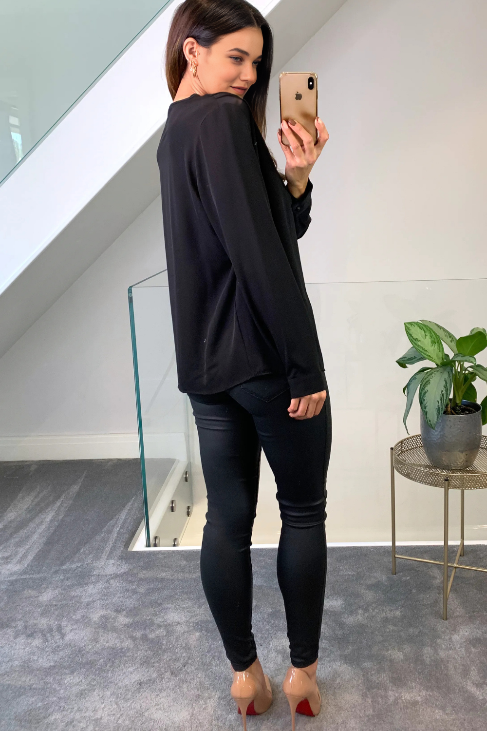 Oversized V Neck Long Sleeves Blouse in Black