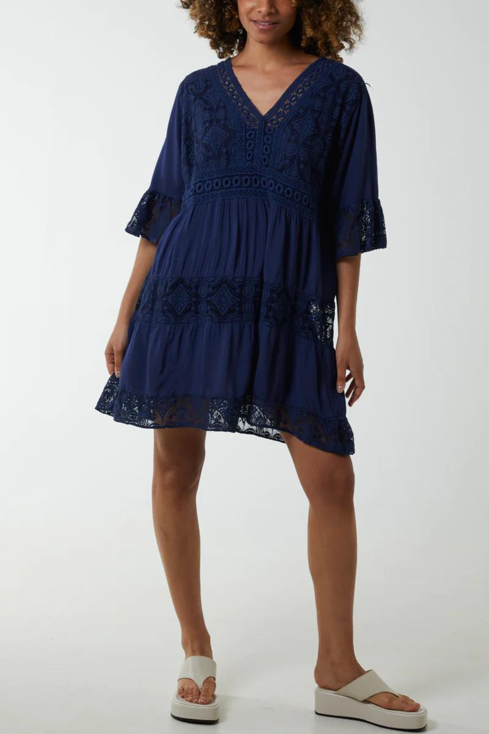 Oversized 3/4 Sleeves Lace Detailed V Neck Mini Dress in Navy