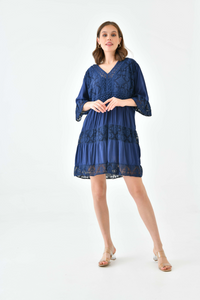 Oversized 3/4 Sleeves Lace Detailed V Neck Mini Dress in Navy