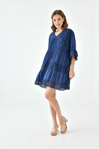 Oversized 3/4 Sleeves Lace Detailed V Neck Mini Dress in Navy