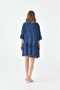 Oversized 3/4 Sleeves Lace Detailed V Neck Mini Dress in Navy