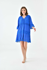 Oversized 3/4 Sleeves Lace Detailed V Neck Mini Dress in Royal Blue