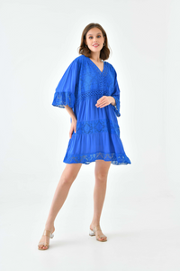 Oversized 3/4 Sleeves Lace Detailed V Neck Mini Dress in Royal Blue