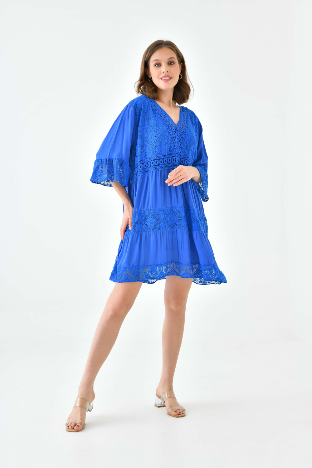Oversized 3/4 Sleeves Lace Detailed V Neck Mini Dress in Royal Blue