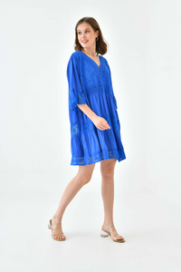 Oversized 3/4 Sleeves Lace Detailed V Neck Mini Dress in Royal Blue