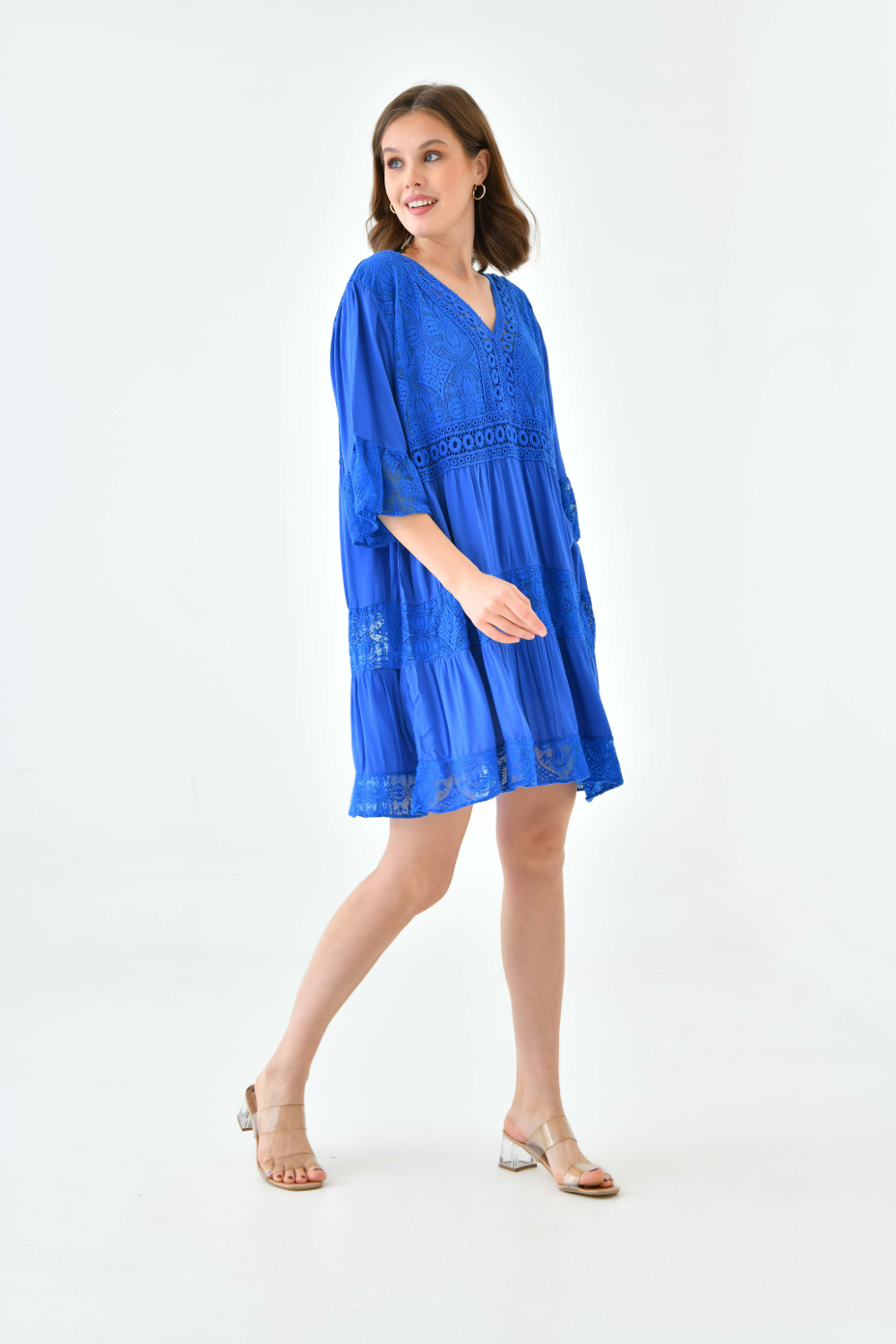 Oversized 3/4 Sleeves Lace Detailed V Neck Mini Dress in Royal Blue