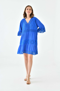 Oversized 3/4 Sleeves Lace Detailed V Neck Mini Dress in Royal Blue