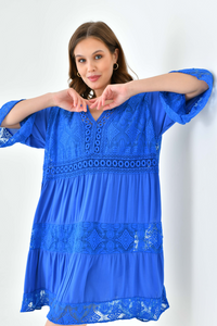 Oversized 3/4 Sleeves Lace Detailed V Neck Mini Dress in Royal Blue