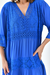 Oversized 3/4 Sleeves Lace Detailed V Neck Mini Dress in Royal Blue