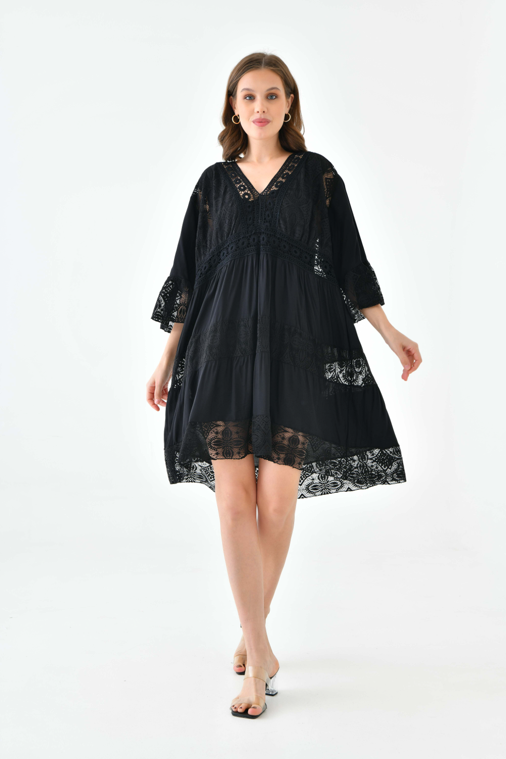 Oversized 3/4 Sleeves Lace Detailed V Neck Mini Dress in Black