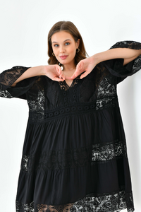 Oversized 3/4 Sleeves Lace Detailed V Neck Mini Dress in Black