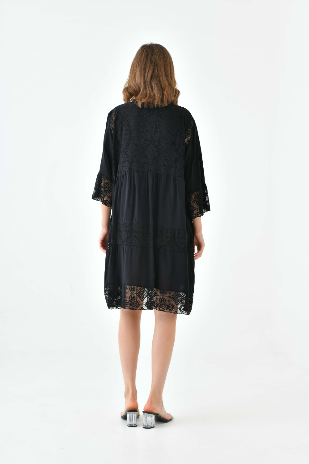 Oversized 3/4 Sleeves Lace Detailed V Neck Mini Dress in Black