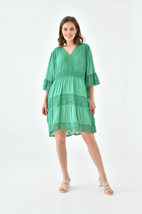Oversized 3/4 Sleeves Lace Detailed V Neck Mini Dress in Green