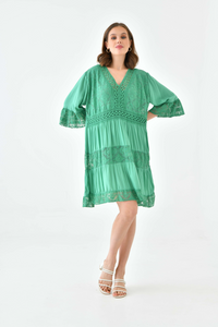 Oversized 3/4 Sleeves Lace Detailed V Neck Mini Dress in Green