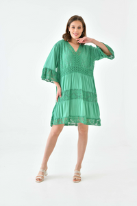 Oversized 3/4 Sleeves Lace Detailed V Neck Mini Dress in Green