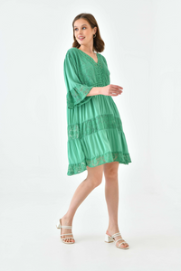 Oversized 3/4 Sleeves Lace Detailed V Neck Mini Dress in Green