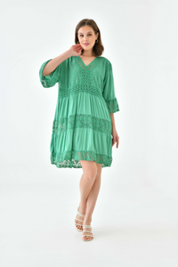 Oversized 3/4 Sleeves Lace Detailed V Neck Mini Dress in Green