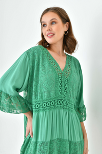 Oversized 3/4 Sleeves Lace Detailed V Neck Mini Dress in Green