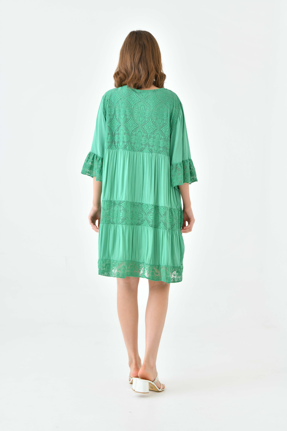 Oversized 3/4 Sleeves Lace Detailed V Neck Mini Dress in Green