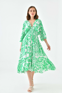 Oversized Flutter Sleeves Shirred Waist V Neck Midi Dress with Floral Print in Green and White