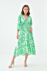 Oversized Flutter Sleeves Shirred Waist V Neck Midi Dress with Floral Print in Green and White